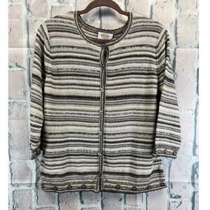 Talbots Womens Button Up Cardigan Boho Sweater Striped Tight Knit Size XL Petite
